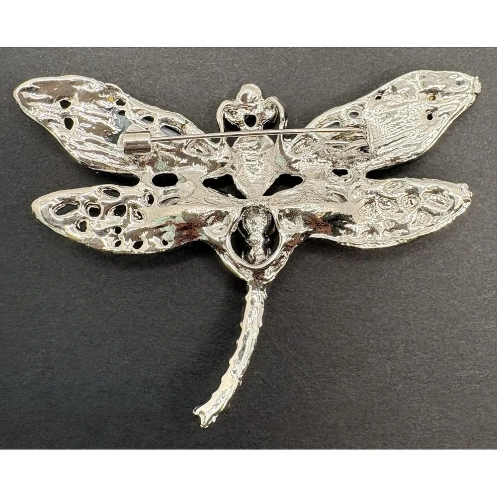 Vintage Dragonfly Bug Insect Blue Rhinestone‎ Brooch Silver Tone Sparkling